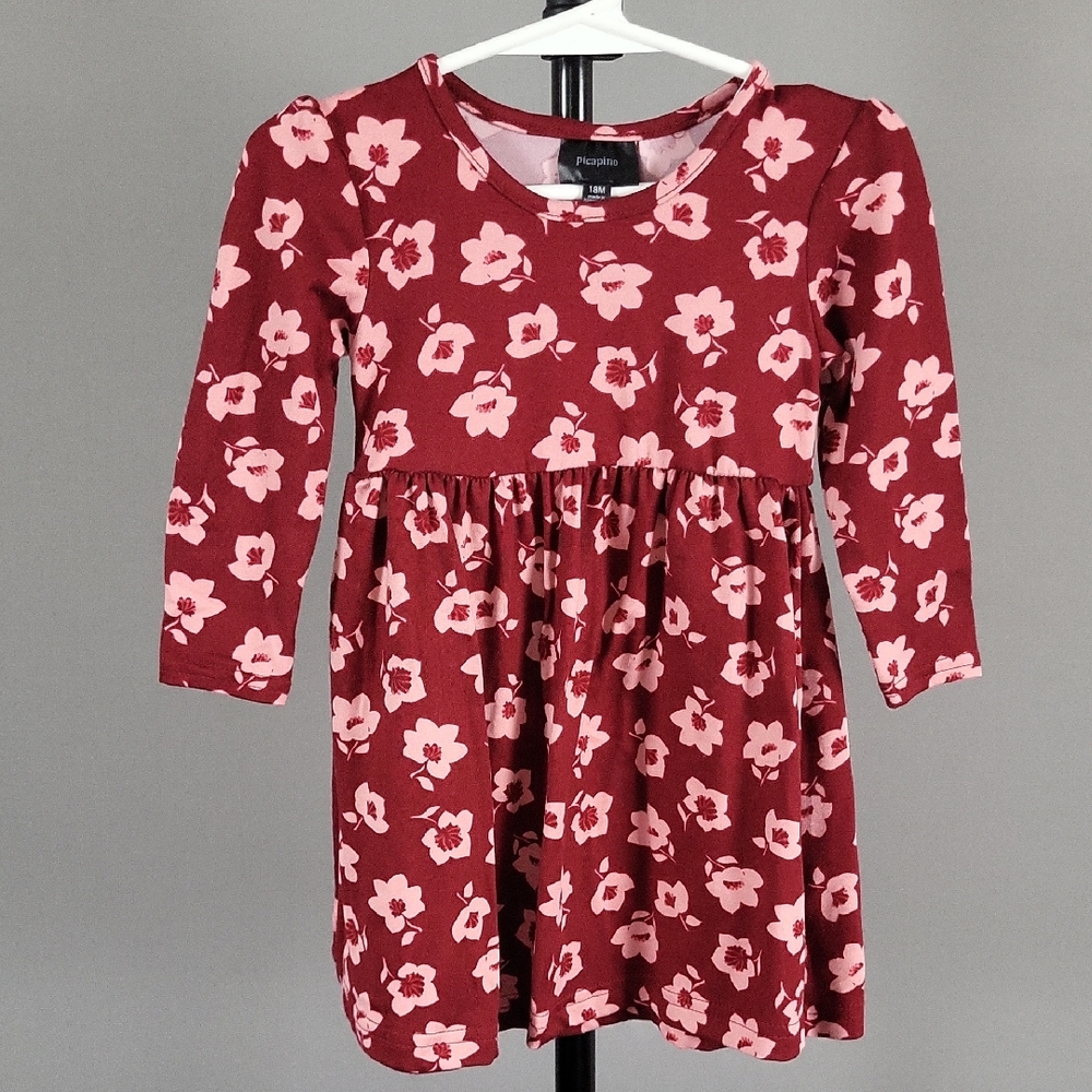 Picapino Floral Red and Pink Soft Long Sleeve Dress, Baby Girl Size 18M